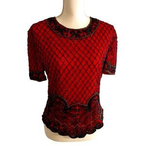 Papell Evening Silk Sequin Christmas Top Blouse Size Medium